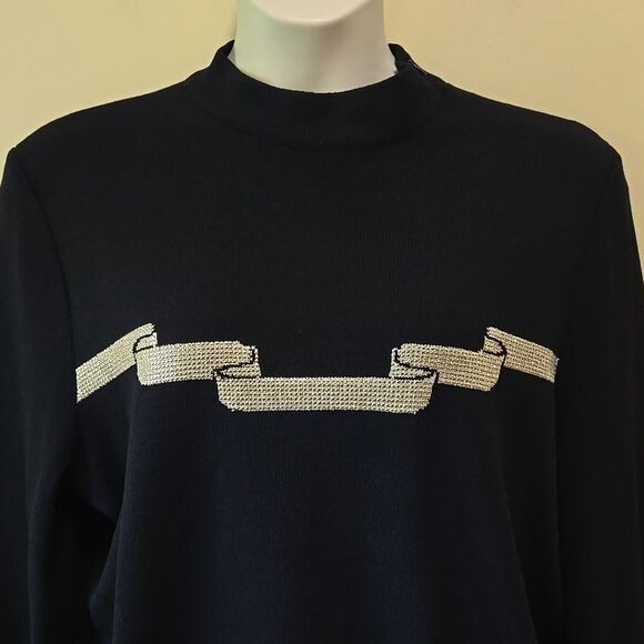 ST. JOHN by Marie Gray Santana Knit Sweater Size Large Ribbon Mock Neck Holiday - Picture 9 of 14